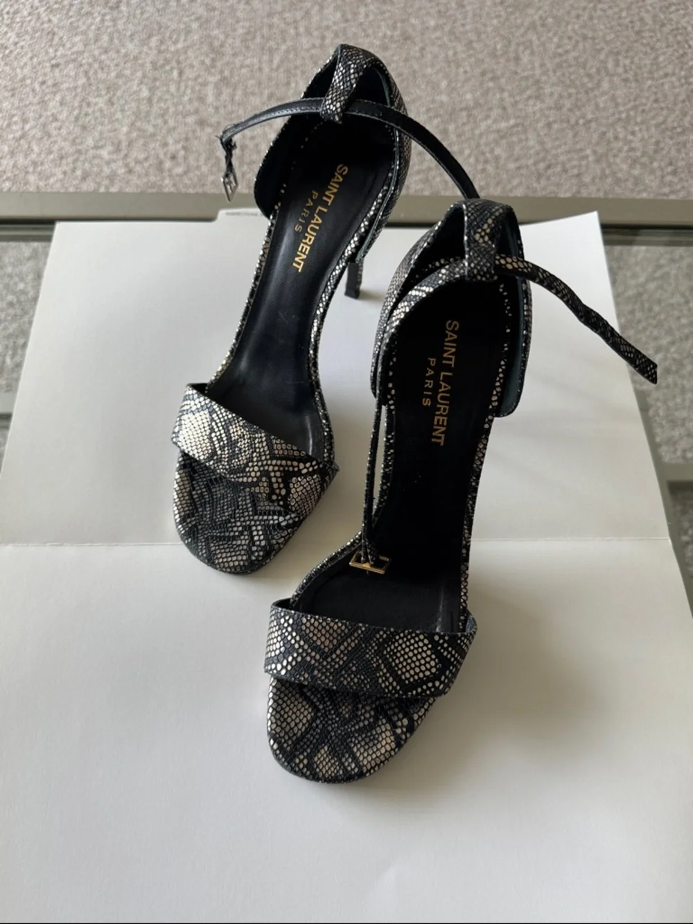 Saint Laurent Black and Silver Snakeskin Ankle-Strap Heels - Picture 1 of 6